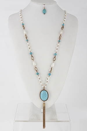 Antique Inspired Necklace With Stone And Tassel Set 6EAG2